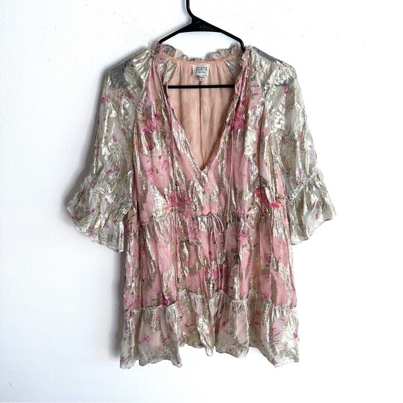 Hemant and Nandita Medium Blush Gold Shimmer Georgette Dress - Picture 2 of 6